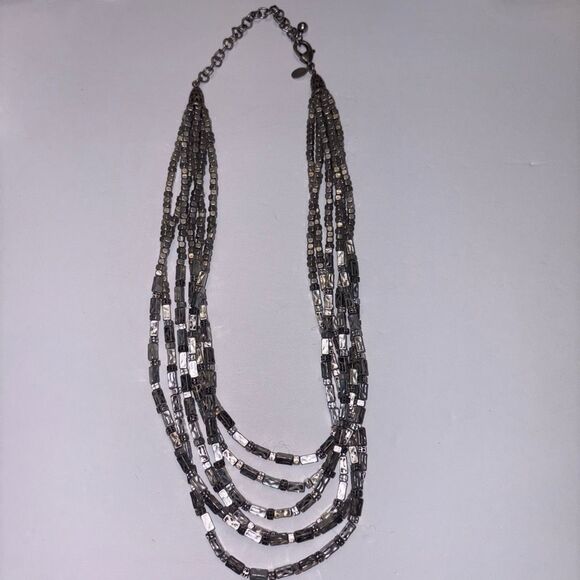 Chico’s Women's Silver Tone Multi Strand Metal Tube Beaded Necklace - Picture 2 of 8